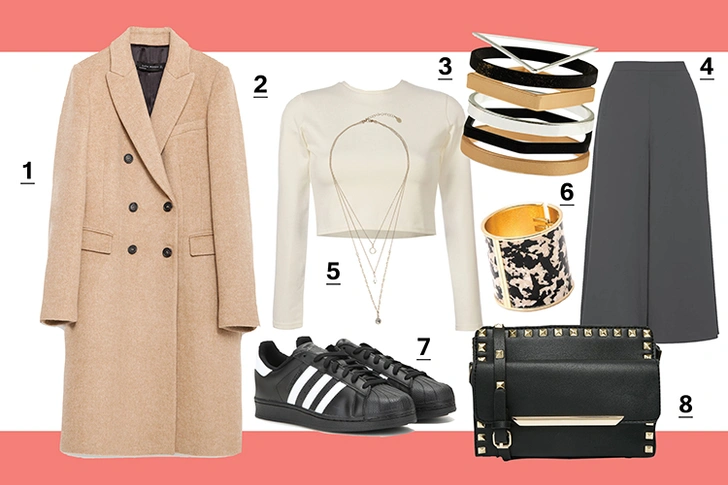 1. Пальто, Zara. 2. Кроп-топ, T-Skirt. 3. Кольца, Accessorize. 4. Брюки, Topshop. 5. Колье, Accessorize. 6. Браслет, Aqua, poisondrop.ru. 7. Кроссовки, Adidas. 8. Сумка, Aldo 
