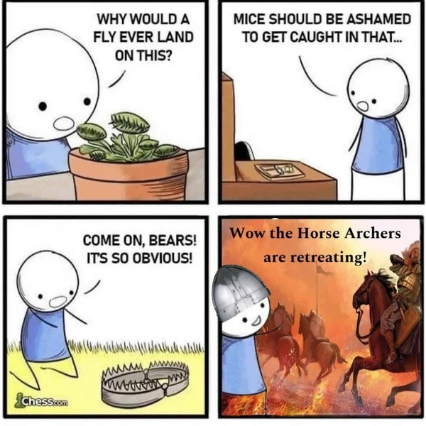 «И почему муха садится на хищное растение?»«Мышам должно быть стыдно, что они попадаются в мышеловку»«Медведи, ну это же так очевидно!»«О, конные лучники спасаются бегством!» | Источник: Соцсети