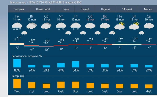 А вот по данным rusmeteo, снега будет не так уж много | Источник: rusmeteo.net