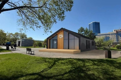 New Building on Strelka Between Church and Hotel