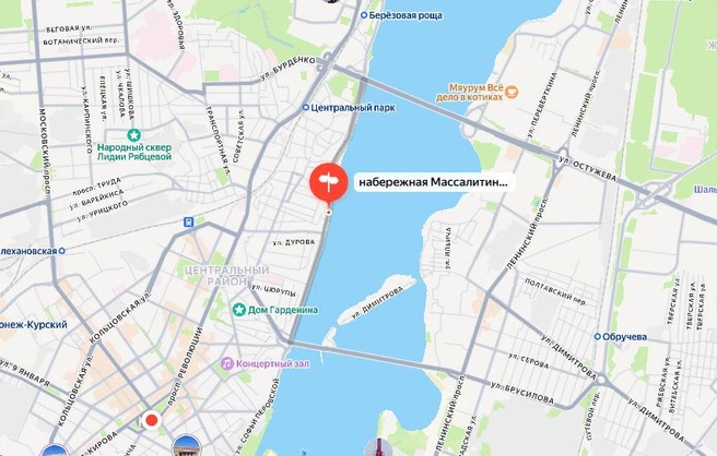 Набережная Массалитинова на карте Воронежа | Источник: Яндекс Карты / yandex.ru/maps