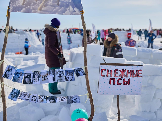 Одна из команд тщательно украсила своё снежное сооружение | Источник: Александр Ощепков / NGS.RU