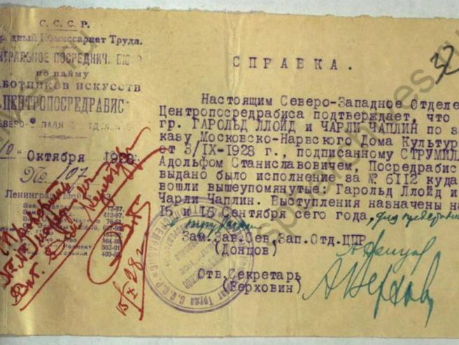Источник: Справка о выступлении Чарли Чаплина в Московско-Нарвском ДК 15 и 16 сентября 1928 года