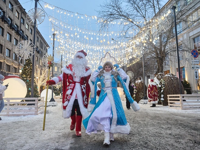 По городу прогуливались Деды Морозы и Снегурочки. | Источник: Александр Ощепков / NGS.RU