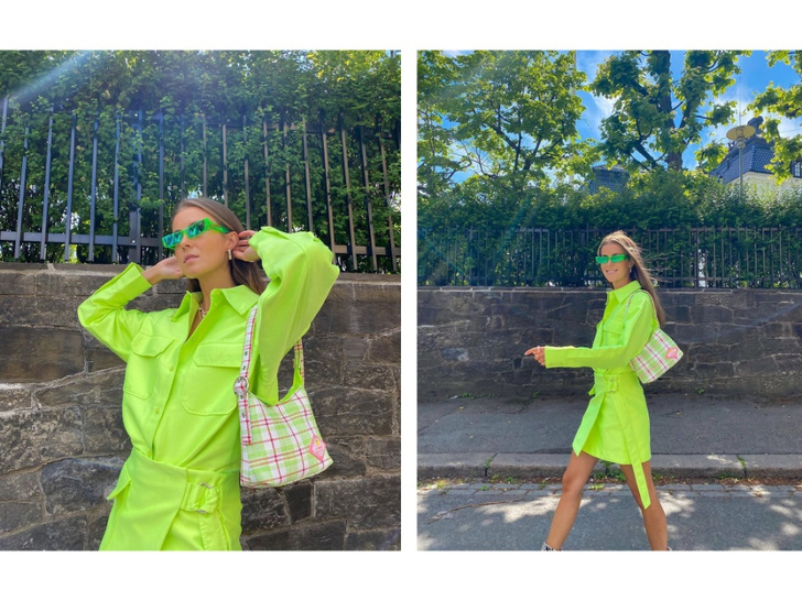 Яркие оттенки: Нина Сандбек в костюме Weekday и очках Jacquemus