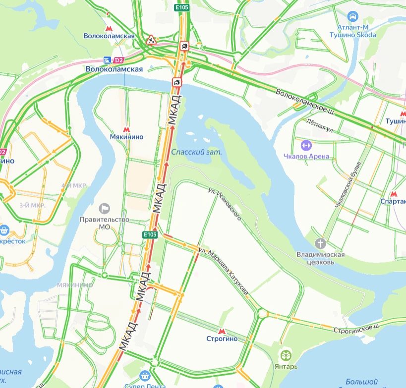 Затор у Красногорска растянулся на несколько километров | Источник: msk1.ru/maps-traffic