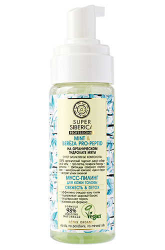 Профессиональный мусс-пилинг MINT& BERЁZA PRO-PEPTID, Natura SibericaСредство с супербиоактивными компонентами ─ экстрактами сибирской мяты, полярной березы и северного голубого мха ─ предназначено для особого ухода за жирными волосами. Пилинг глубоко очищает, регулирует баланс кожи головы, способствует устранению перхоти и успокаивает раздраженную кожу.