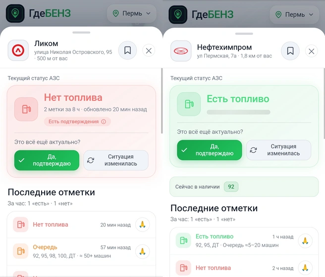 На сайте «ГдеБЕНЗ» водители сами указывают актуальную ситуацию на заправках: наличие каждого из видов топлива и длину очереди | Источник: gdebenz.ru