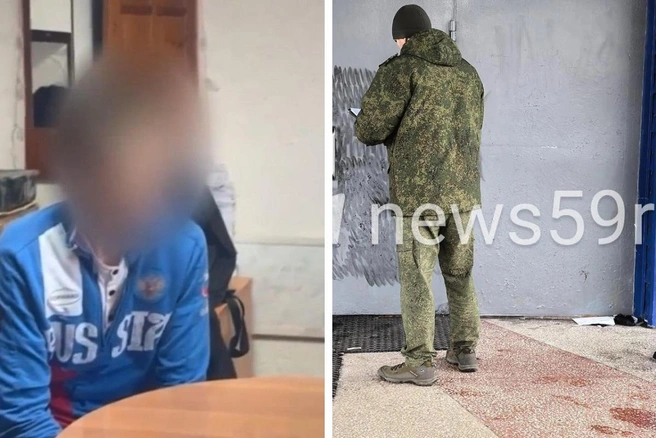 Слева на фото — нападавший ученик дает показания на допросе. Справа — криминалист осматривает место преступления. Убийство произошло на школьном крыльце | Источник: СУ СК Прикамья, Василина Любимова / 59.RU