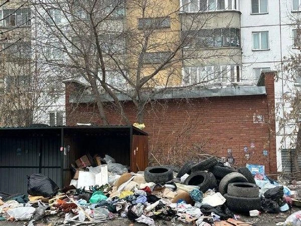 Мусорные контейнеры и отходы, включая шины, на площадке у дома на улице Грибоедова. | Источник: Наталья