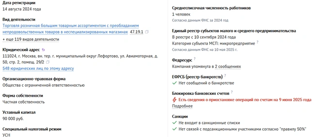 Информация о юридическом лице, которое выступило продавцов в истории Дмитрия | Источник: checko.ru