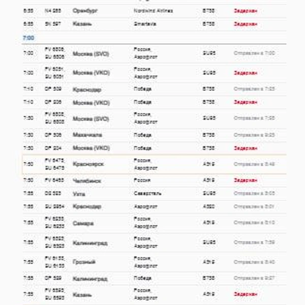 Вылет. Скриншот с онлайн-табло Пулково