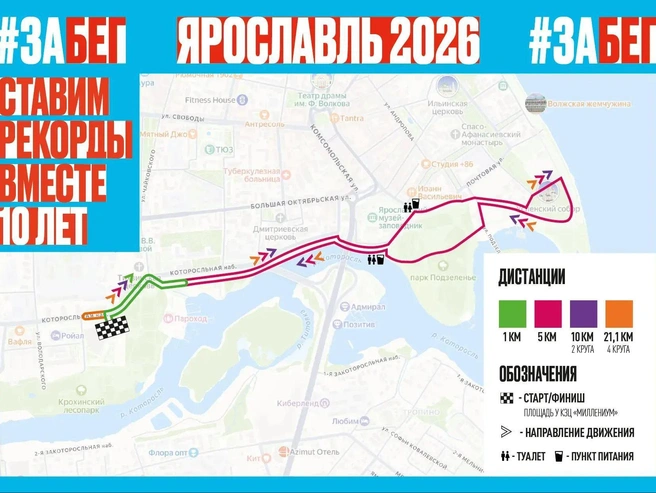 Трасса забега пройдет по Которосльной набережной и другим историческим местам | Источник: Забег.РФ