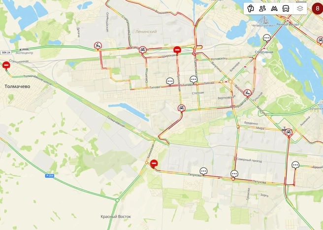Пробки в 8 баллов собрались ранним утром | Источник: 2GIS