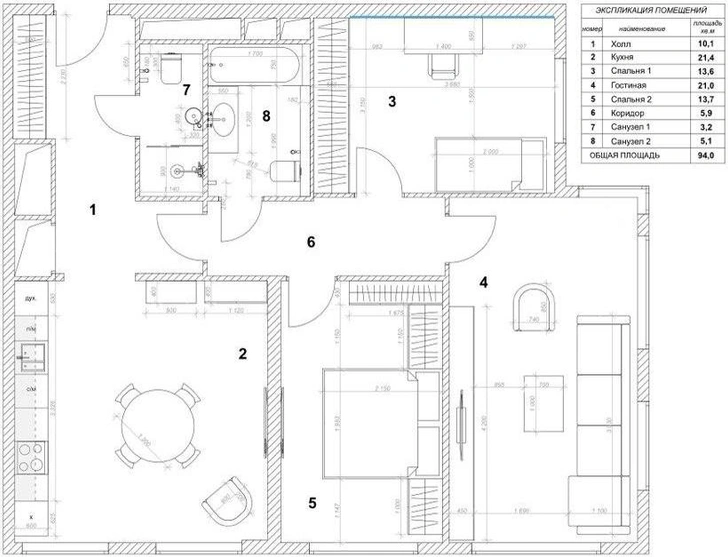 План квартиры 94 м². Проект дизайнера Ирины Бдайциевой.