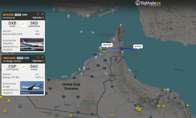 Первые рейсы из Дубая после перерыва из-за войны. Два борта отправлены вечером 2 марта. | Источник: flightradar24.com