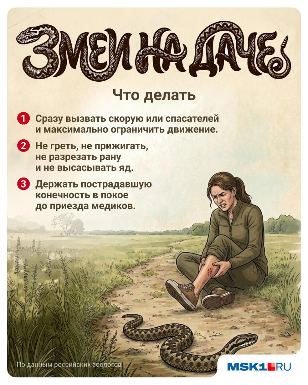 Если укусила змея, нужно срочно вызывать скорую и пить как можно больше воды, но ни в коем случае не пытаться отсасывать яд | Источник: Полина Авдошина / MSK1.RU