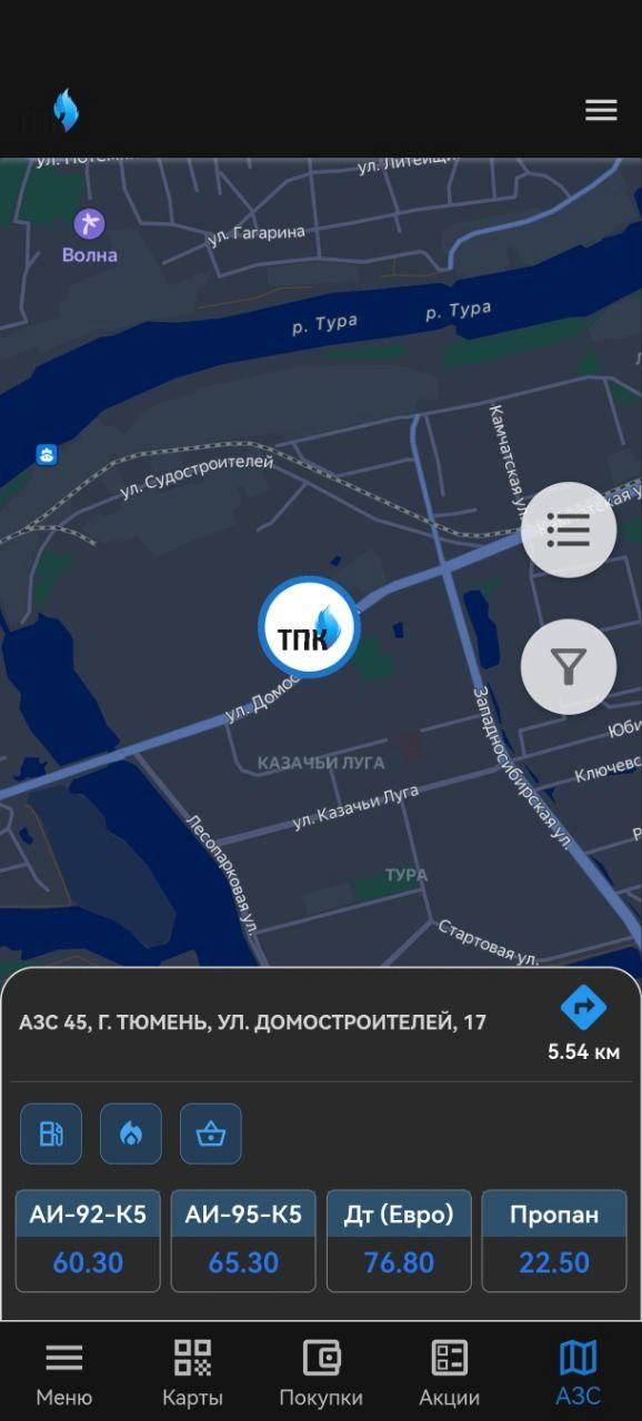 Такие цены на заправке ТПК. АИ-92 стоит 60,30, АИ-95&nbsp;— 65,30, дизельное топливо&nbsp;— 76,80 | Источник: мобильное приложение «ТПК»