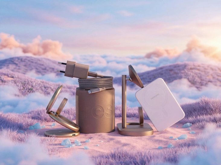 Беспроводная зарядка restore: Travel set 3 в 1Компактное беспроводное зарядное устройство для iPhone, Apple Watch и AirPods с поддержкой стандарта Qi2, магнитным креплением для iPhone (магниты класса N52) и совместимостью с MagSafe. Корпус из цинкового сплава складывается, так что зарядку удобно брать в дорогу, а мощность рассчитана на быструю зарядку часов (5 Вт) и смартфона, при этом все три устройства можно подключать одновременно.