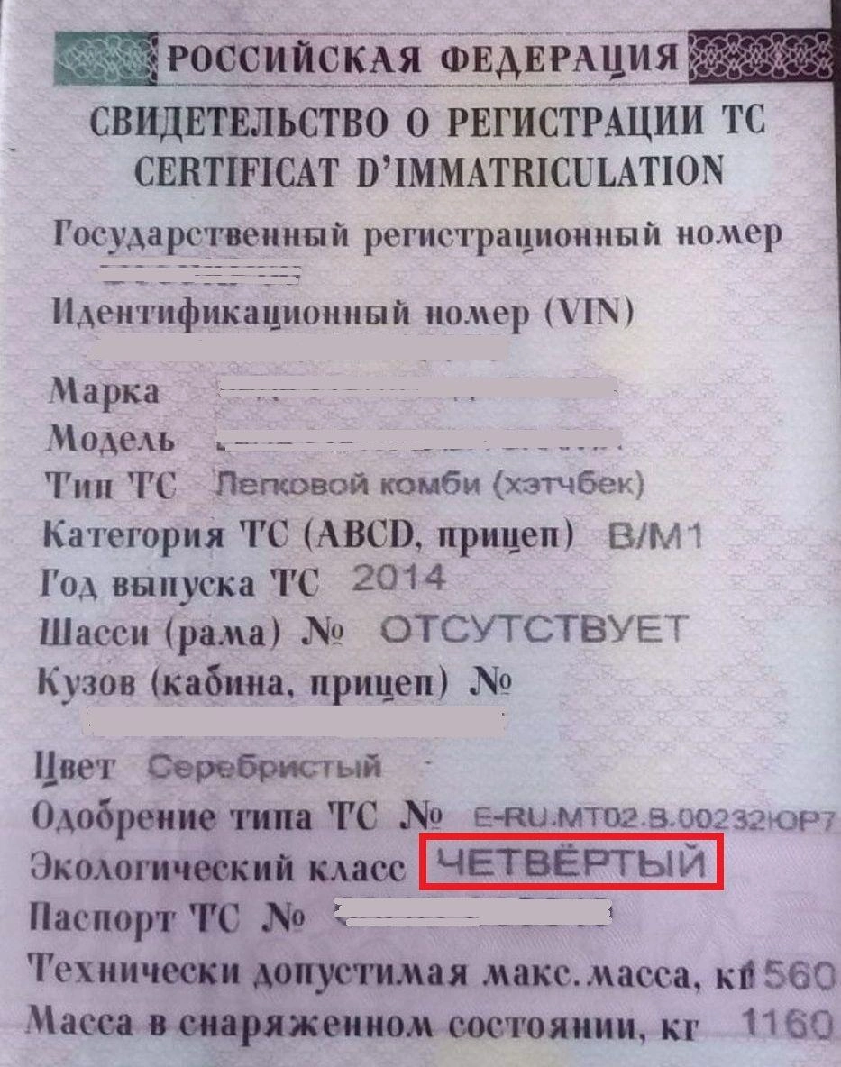 В СТС относительно новых машин экологический класс указан в явном виде, но у более ранних экземпляров может отсутствовать. Экологический класс указывается и в ПТС (или ЭПТС) | Источник: читатель 74.RU