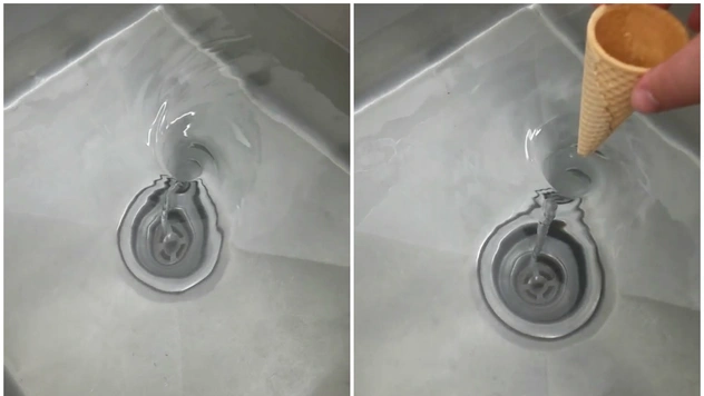 Домашний эксперимент с раковиной и вафельным рожком (видео без слов)