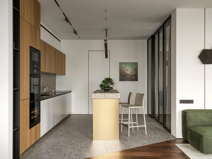 Двери скрытого монтажа, Union. Стеклянные перегородки, Union. Картина «Метафора существования», Елена Троянская. Полубарные стулья, Zanotta LIO. | Источник: Сергей Красюк. Стиль: Екатерина Наумова