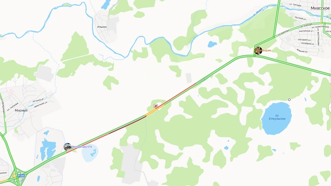 Водители встали в пробку между Вахрушево и селом Миасское | Источник: yandex.ru / maps
