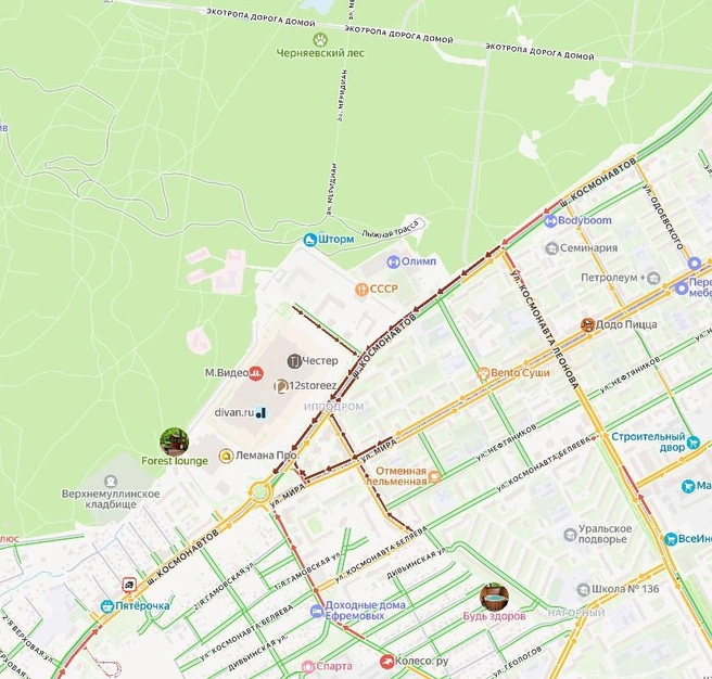 шоссе Космонавтов встало в пробку | Источник: yandex.ru/maps