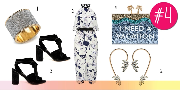 1. Кольцо, River Island. 2. Босоножки, Asos. 3. Платье, Lost Ink. 4. Клатч, Kate Spade. 5. Каффы, River Island. 