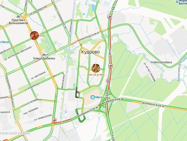 Авария привела к образованию многокилометрового затора на КАД во Всеволожском районе. | Источник: Яндекс карты