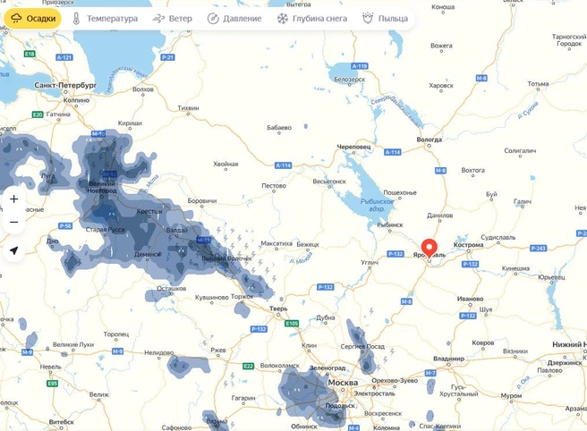 Над подмосковными городами и Великим Новгородом собрались тучи | Источник: Яндекс Погода