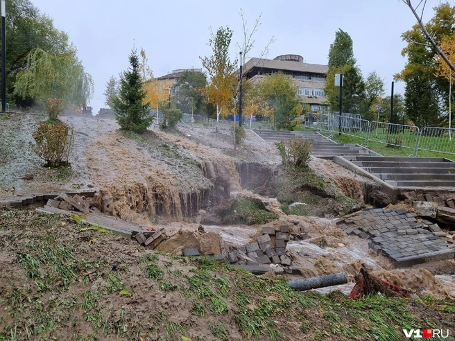 Водопад из коллектора в парке растекся по улицам | Источник: Константин Завриков