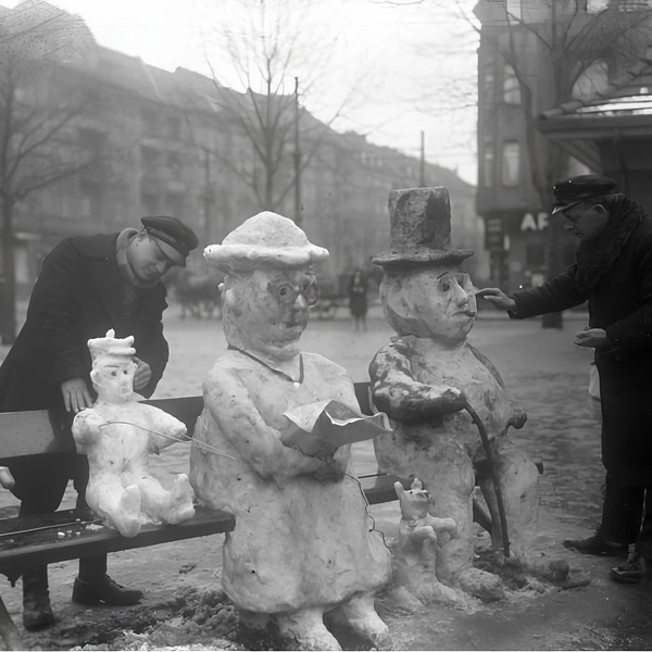 Берлинские таксисты лепят семью снеговиков из первого снега, 1931 год | Источник: Bundesarchiv, Bild 102-12737 / CC-BY-SA 3.0, CC BY-SA 3.0 DE, via Wikimedia Commons