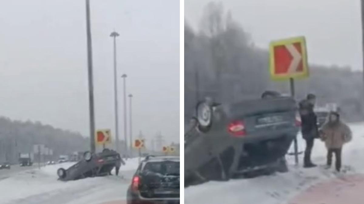 Под Пермью на трассе М-7 в сторону Краснокамска столкнулись два автомобиля,  после чего один из них перевернулся на крышу - 29 декабря 2023 - 59.ру