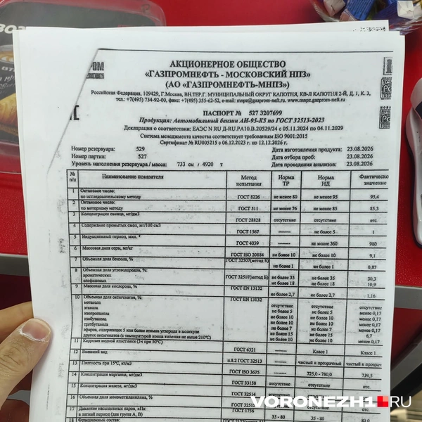 Паспорта качества АИ-95. Даты стоят еще за прошлые месяцы | Источник: Андрей Пашинский / Voronezh1.ru