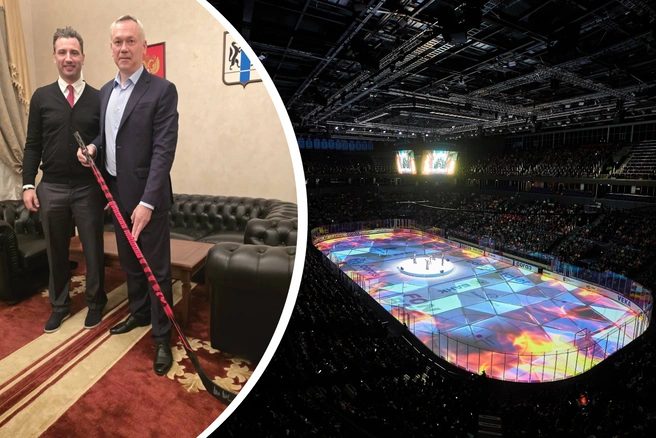 Роман Ротенберг опубликовал фотографию с губернатором Андреем Травниковым. На снимке глава региона позирует с клюшкой в руках | Источник: Roman Rotenberg / Telegram, Александр Ощепков / NGS.RU