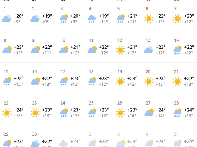 Максимум дневной температуры может достигать +24°C | Источник: yandex.ru/pogoda
