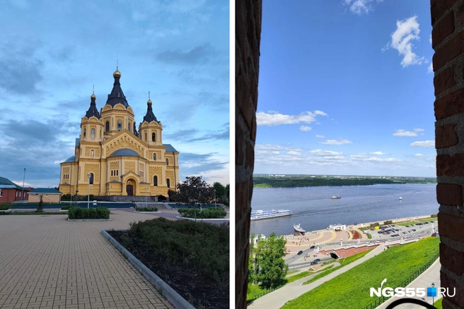 Храм Александра Невского в центре «Стрелки» и вид с внутренней стороны Кремля на реку | Источник: Мария Носенко / NGS55.RU