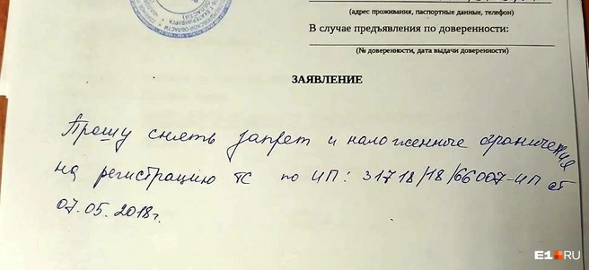 Ирина написала заявление, чтобы с машины сняли ограничения | Источник: читатель E1.RU