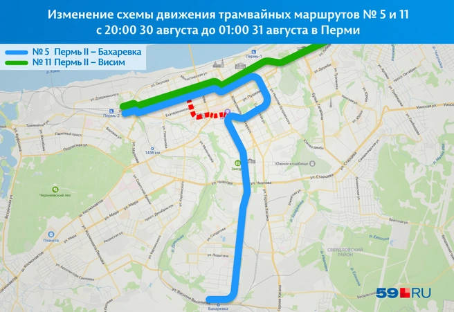 Трамваи пустят в объезд Борчанинова и Центрального рынка через ЦУМ и Главпочтамт | Источник: «Яндекс Карты»; Кирилл Хафизов / 59.RU