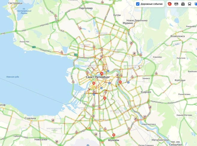 Петербург сковали семибалльные пробки. Движение парализовано на Московском проспекте | Источник: «Яндекс.Карты»