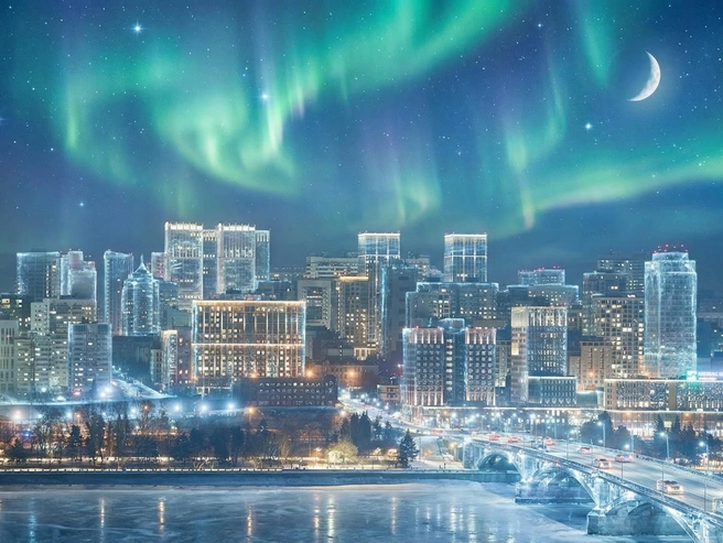 Полярное сияние идеально подошло бы для Новосибирска, однако жить в таких условиях было бы менее комфортно, чем любоваться изображениями. | Источник: Александр Ощепков, Юрий Орлов / Городские медиа
