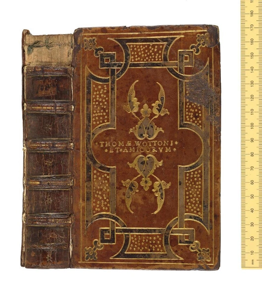 Франция (Париж), ок. 1547. Коричневая телячья кожа с позолоченной надписью «Thomae Wotton et amicorum» («Томас Уоттон и его друзья»). Уоттон был первым англичанином, последовавшим за практикой Жана Гролье — делиться своей библиотекой с ближайшими соратниками | Источник: The Picture Art Collection