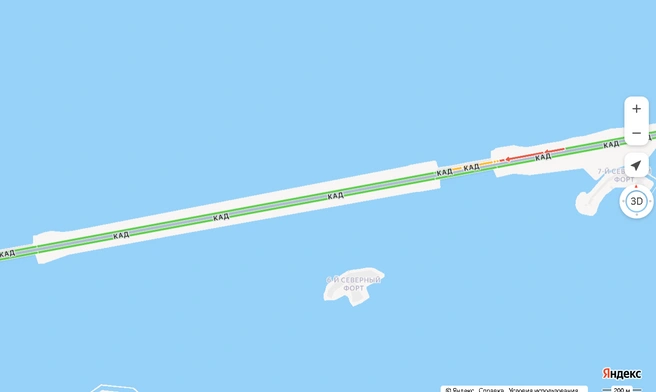 На дамбе оставили одну полосу для проезда от Приморского к Кронштадту | Источник: Яндекс.Карты