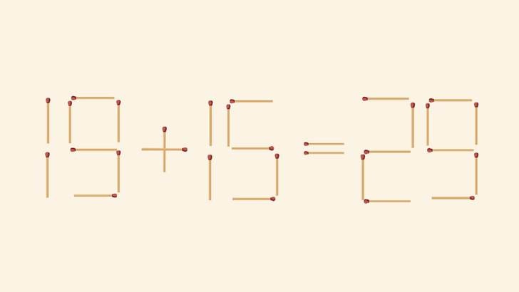 19+15=29: сделайте равенство верным, передвинув 1 спичку