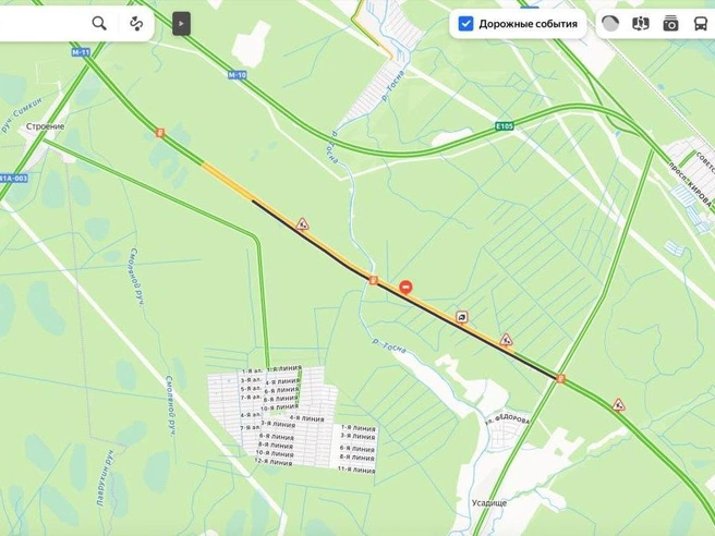 Движение к Москве перекрыто на М-11 после переворота грузовика | Источник: «Яндекс Карты»