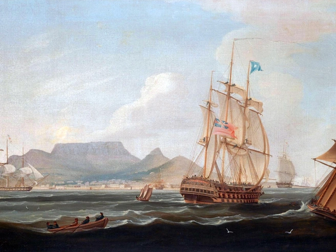 Ост-Индский корабль в Кейптауне. Картина Уильяма Хиггинса, 1819 год. | Источник: Legion Media