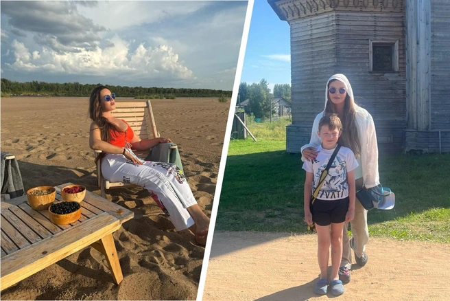 Ведущая программы «Время» на пинежском пляже / с юной звездой Кимжи — звонарем Левой | Источник: ekaterinaandreeva_official / Instagram.com (экстремистская организация, деятельность запрещена на территории РФ), МБУ ТКМЦ «Кимжа» / Vk.com