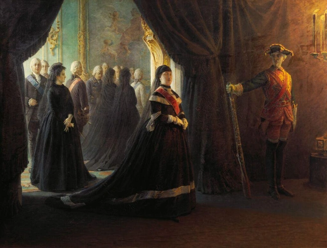 «Екатерина II у гроба императрицы Елизаветы», 1874 год | Источник: Третьяковская галерея / my.tretyakov.ru