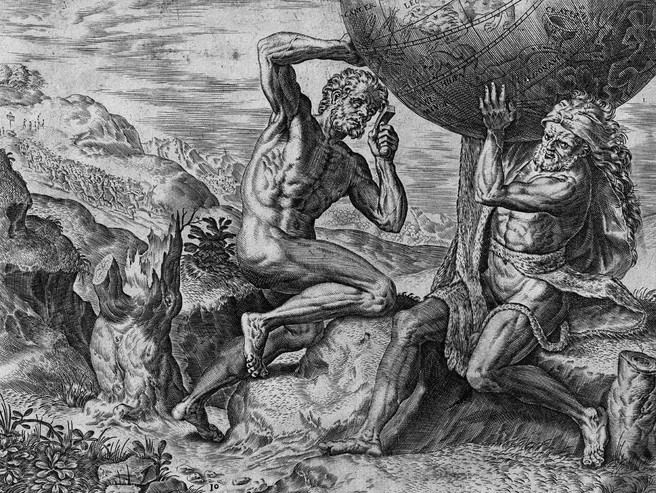 Гравюра XVI века, изображающая миф о Геракле и Атласе, которого Вольтер сравнил с редакторами «Энциклопедии». | Источник: Rijksmuseum